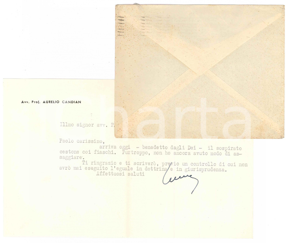 Autografo originale 1951 MILANO Aurelio CANDIAN e il sospirato cestone dei fiaschi  Autografo 1