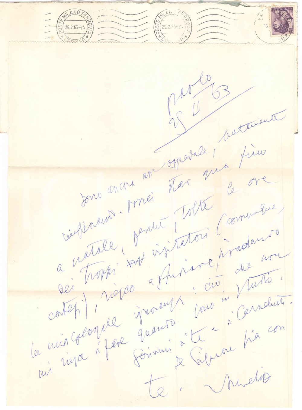 Autografo originale 1963 MILANO Aurelio CANDIAN e lo studio in convalescenza  Autografo 1
