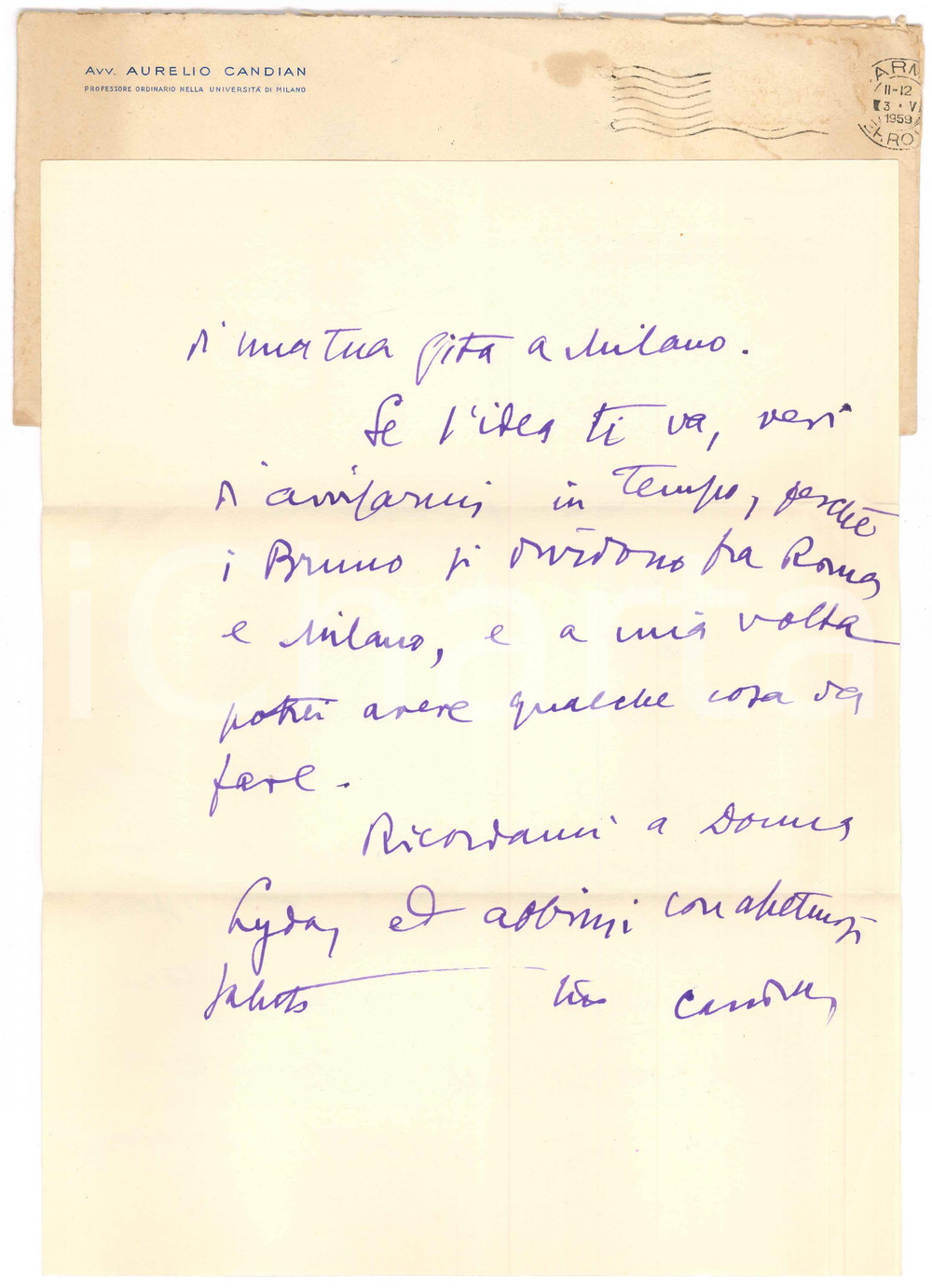 Autografo originale 1959 MILANO Lettera Aurelio CANDIAN  Invito a pranzo con Luigi BRUNO Autografo 1
