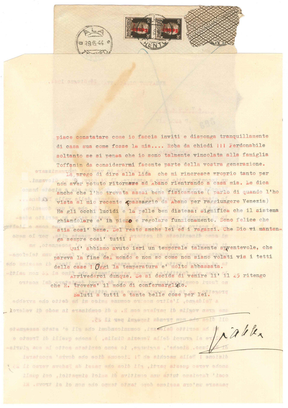 Autografo originale 1944 AVIO TN Soprano Gianna PEDERZINI organizza una gita tra amici AUTOGRAFO 1