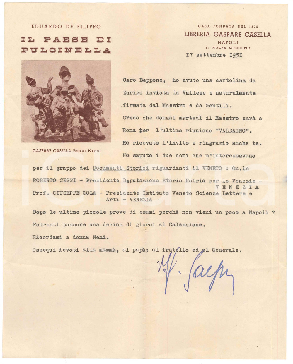 Autografo originale 1951 NAPOLI Lettera Gaspare CASELLA su documenti storici veneti Autografo 1