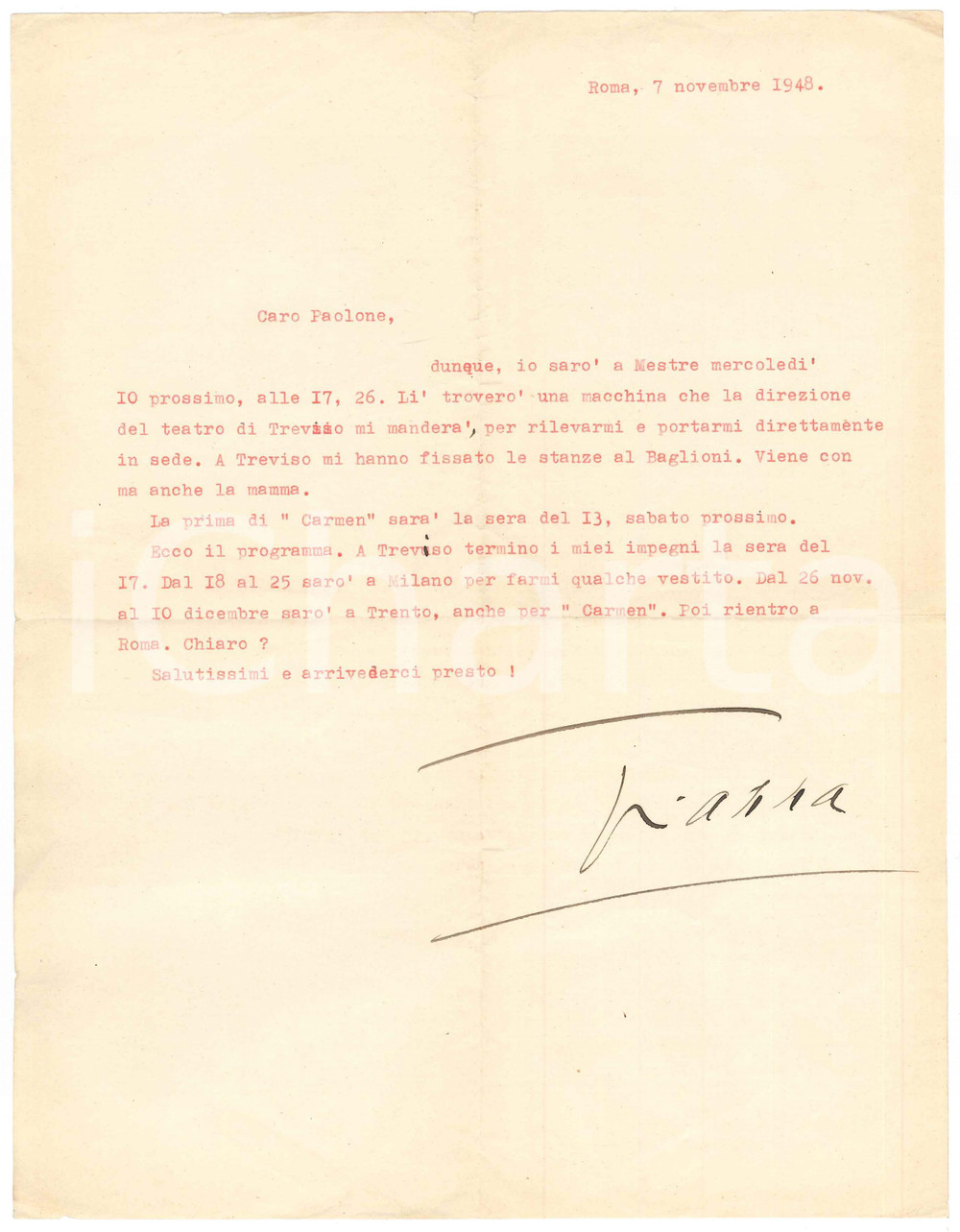 Autografo originale 1948 ROMA Soprano Gianna PEDERZINI in tournÃ©e con la Carmen AUTOGRAFO 1