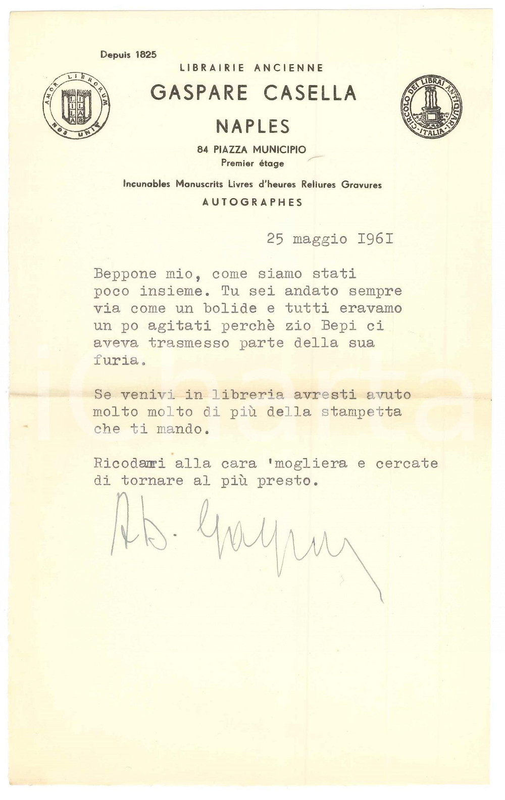 Autografo originale 1961 NAPOLI Lettera Gaspare CASELLA  Mancata visita in libreria  Autografo 1