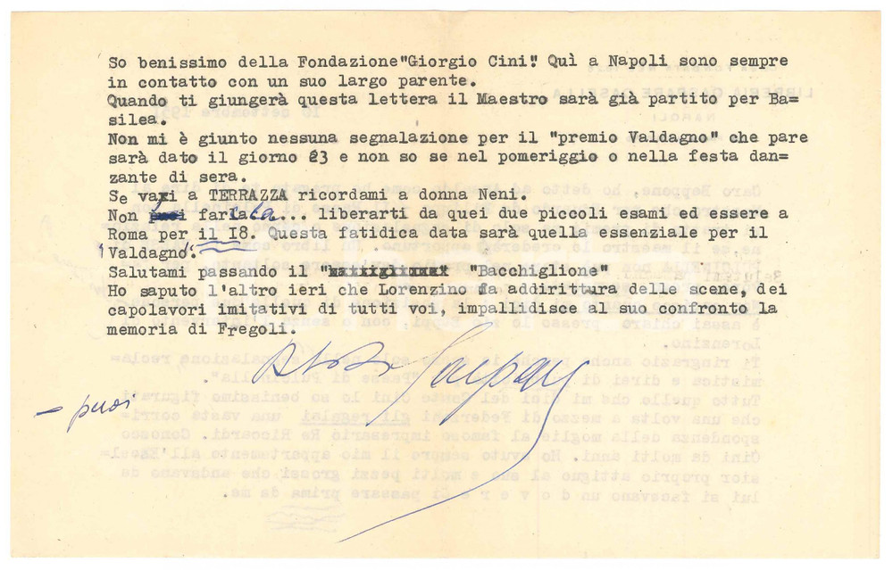 Autografo originale 1951 NAPOLI Lettera Gaspare CASELLA sul conte Vittorio Cini Autografo 1