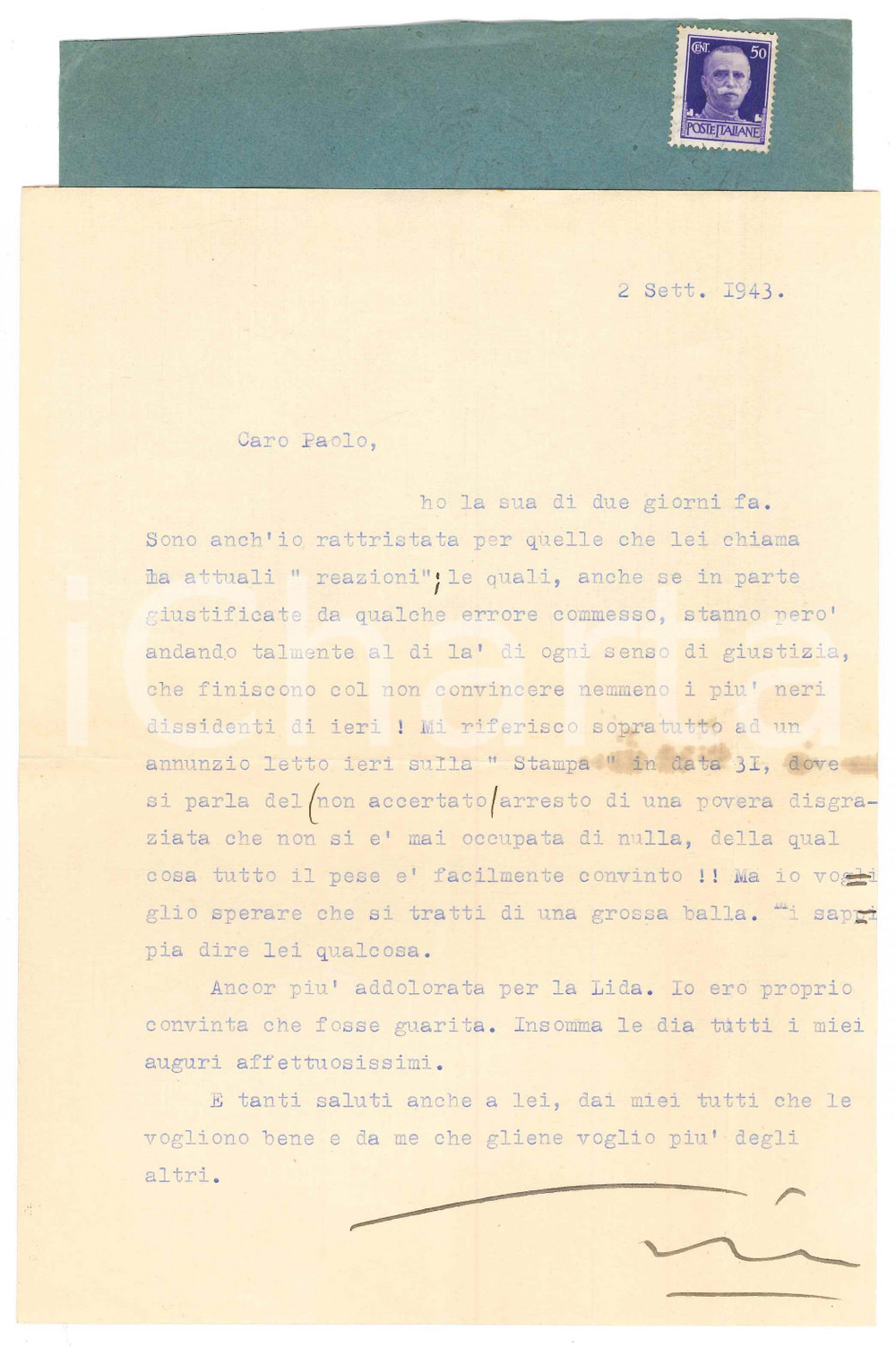 Autografo originale 1943 AVIO TN Soprano Gianna PEDERZINI rattristata per le ritorsioni AUTOGRAFO 1