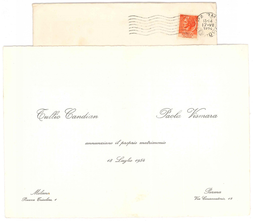 Documento originale, autentico 1954 PARMA Nozze Tullio CANDIAN  Paola VISMARA  Partecipazione 1