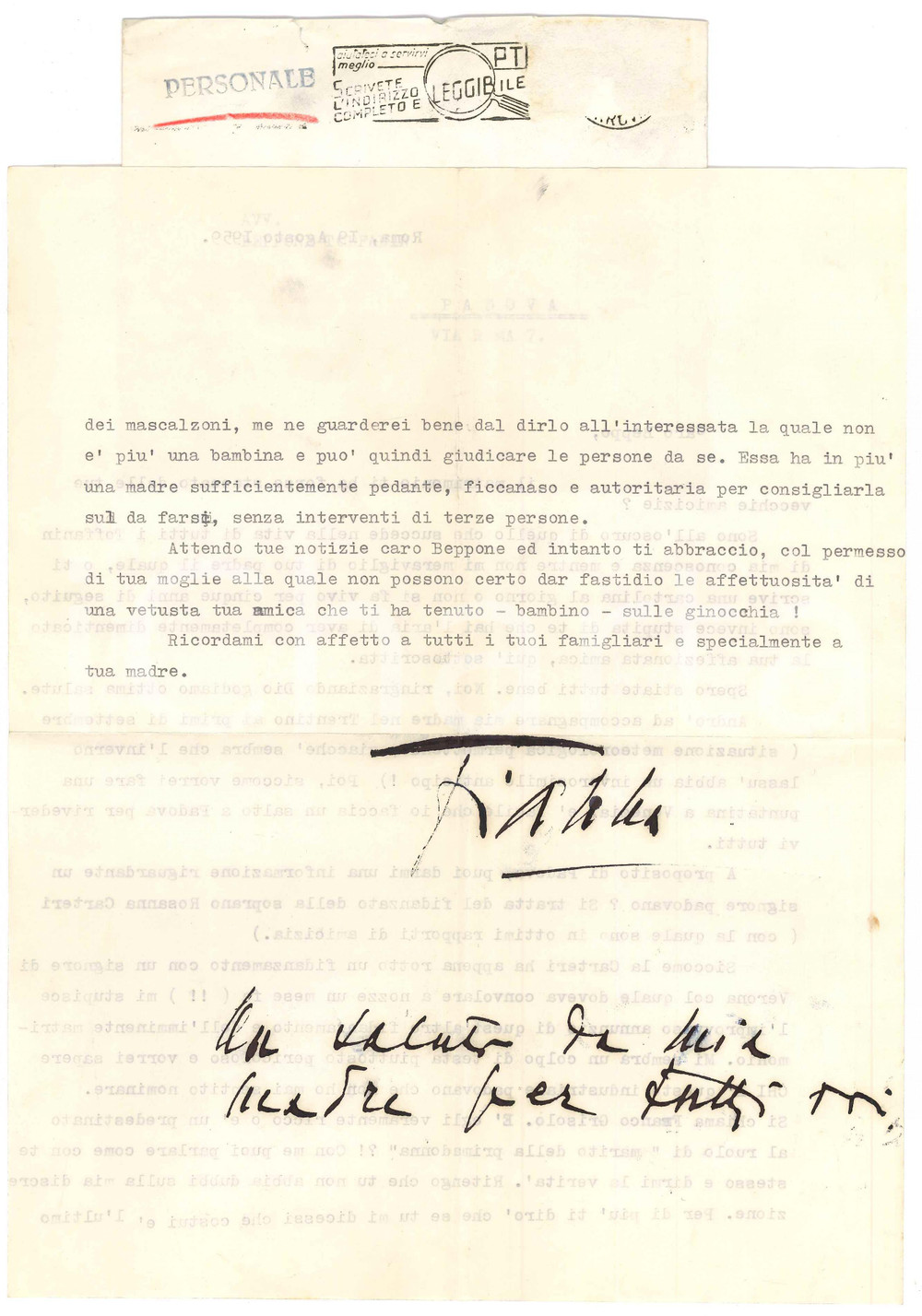 Autografo originale 1959 ROMA Gianna PEDERZINI sul fidanzamento di Rosanna CARTERI Autografo 1