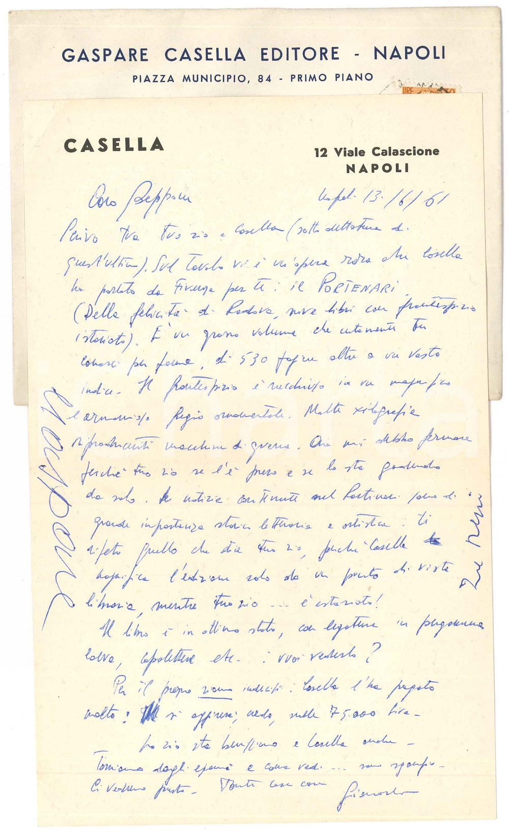 1961 NAPOLI Giancarlo MAZZACURATI nello studio di Gaspare CASELLA *Autografi Lettera interamente autografa del critico Giancarlo Mazzacurati, scritta dallo studio del celebre editore e libraio Gaspare Casella.Mazzacurati stava esaminando un raro volume del Seicento, "Della felicit&agrave; di Padova" di Angelo Portenari.Si aggiunge la firma autografa di Gaspare Casella.Carta e busta intestate "Gaspare Casella Editore - Napoli".PAGINE: 1  FAIR/discreto piegature d'epoca  originale e autentica 1