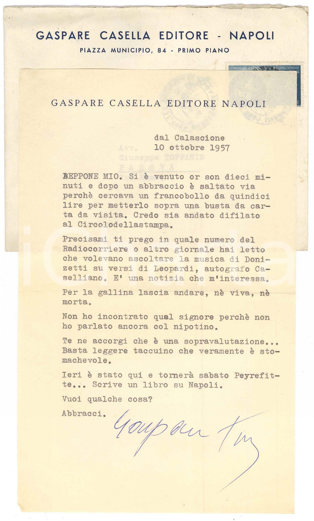 Autografo originale 1957 NAPOLI Libraio Gaspare CASELLA  Lettera a un amico Autografo 1