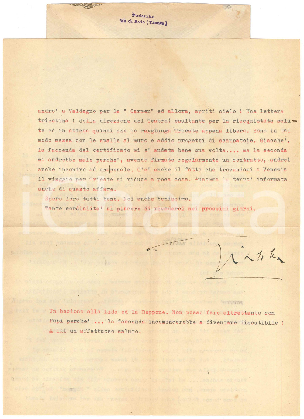 Autografo originale Giugno 1944 VALLE DI AVIO Gianna PEDERZINI preferisce l indipendenza  AUTOGRAFO 1