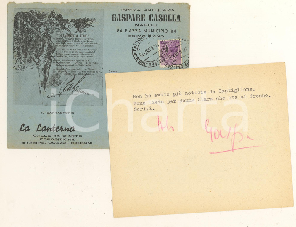 Autografo originale 1957 NAPOLI Libraio Gaspare CASELLA  Cartolina a un amico  Autografo 1