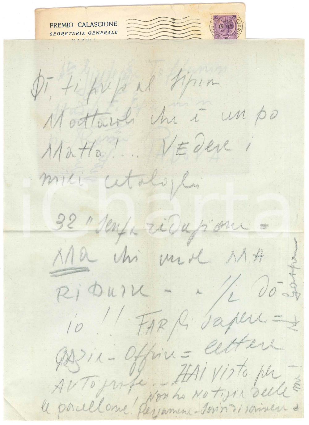 Autografo originale 1956 NAPOLI Premio CALASCIONE  Lettera libraio Gaspare CASELLA Autografo 1
