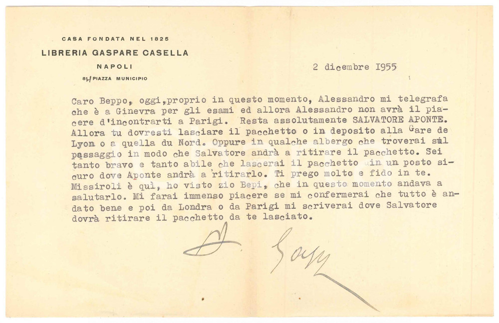 Autografo originale 1955 NAPOLI Lettera Gaspare CASELLA per l invio di un pacco a Parigi Autografo 1
