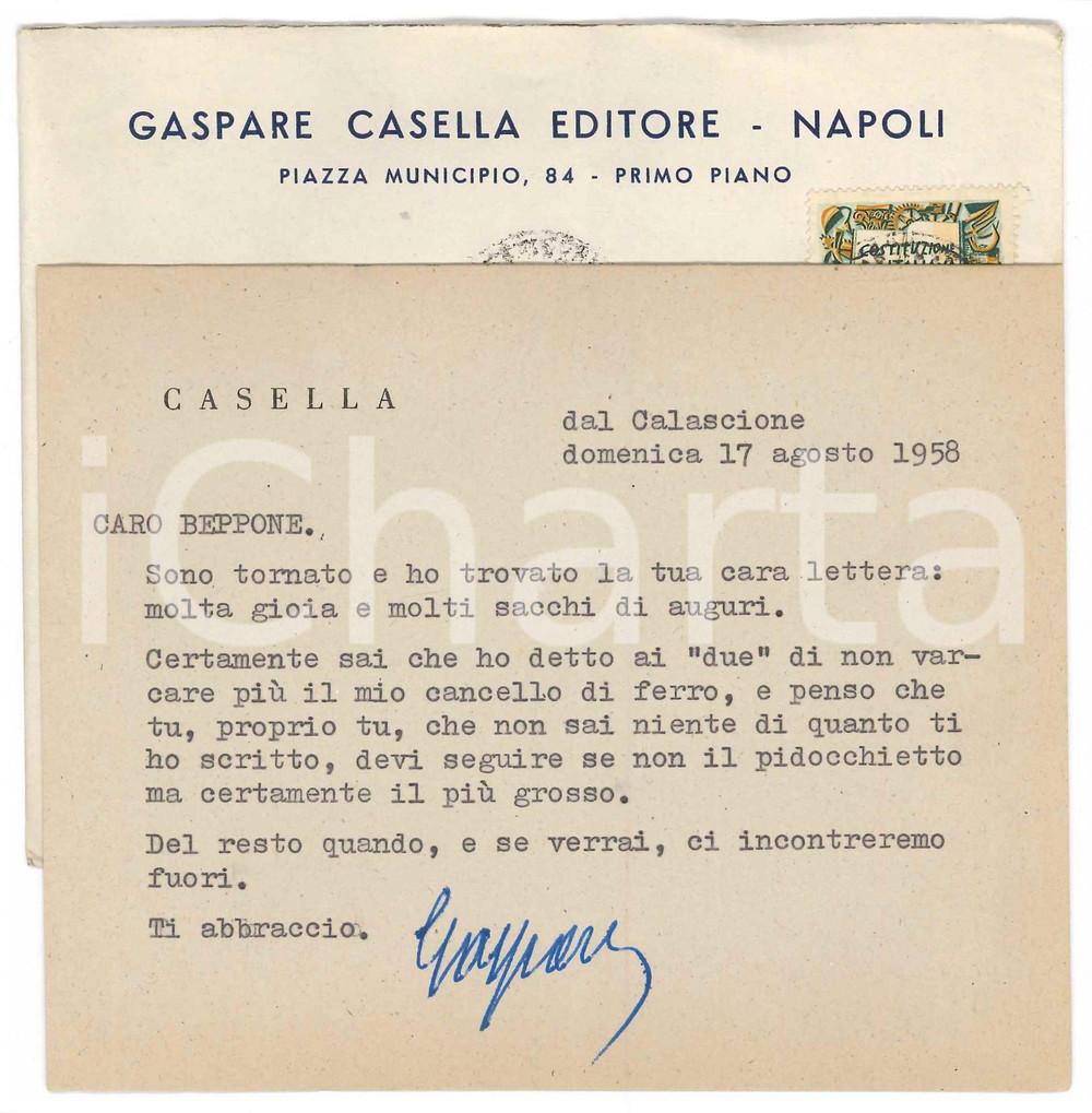 Autografo originale 1958 NAPOLI Libraio Gaspare CASELLA  Biglietto a un amico Autografo 1