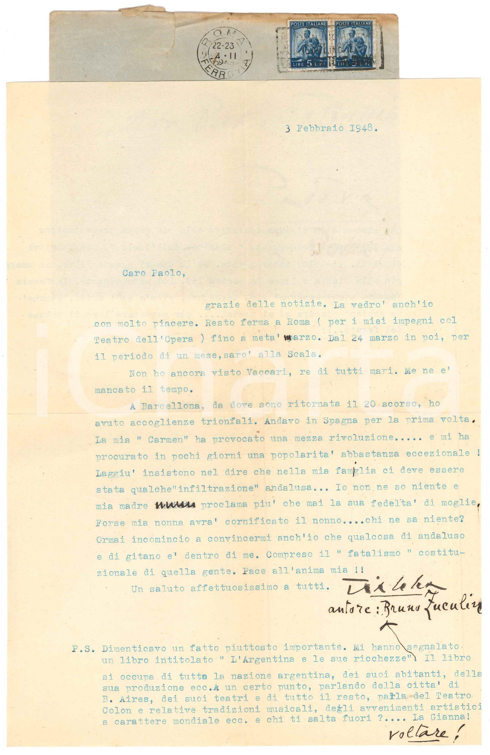 Autografo originale 1948 ROMA Gianna PEDERZINI trionfa a Madrid con la Carmen AUTOGRAFO 1