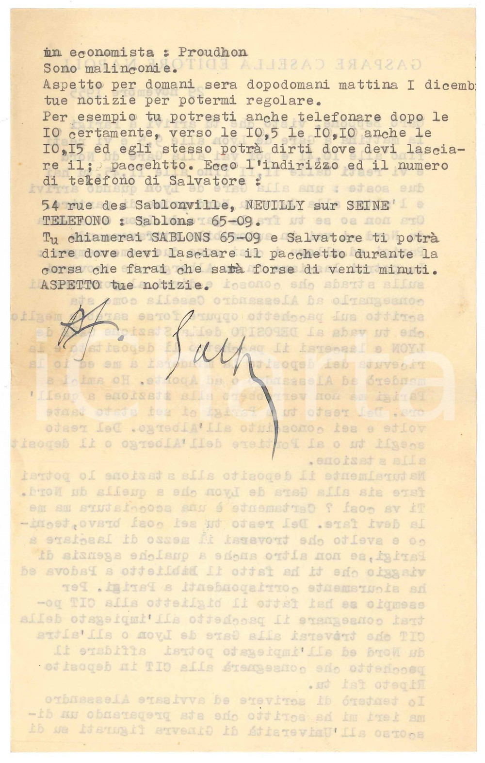 1958 NAPOLI Lettera Gaspare CASELLA a un amico per favore a Parigi ^Autografo