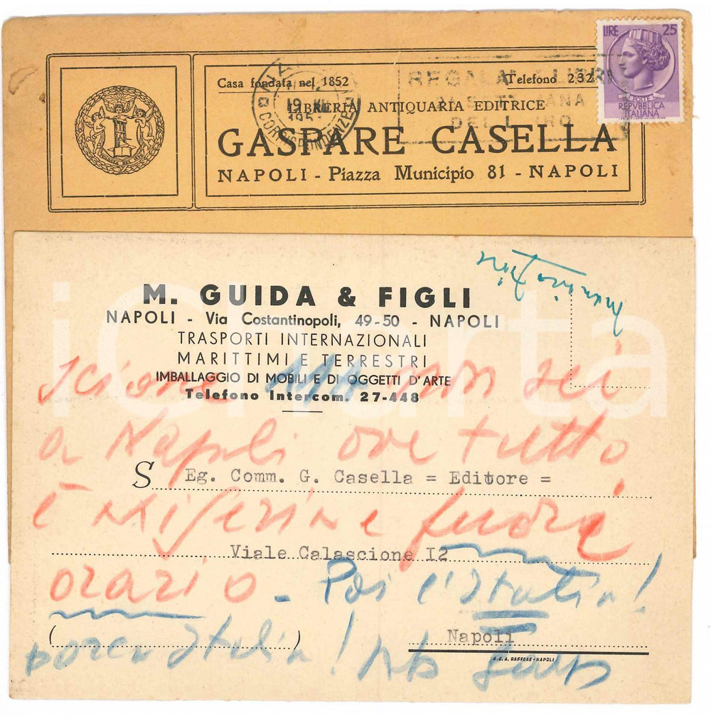 Autografo originale 1953 NAPOLI Gaspare CASELLA Qui ove tutto Ã¨ miseria Biglietto autografo 1