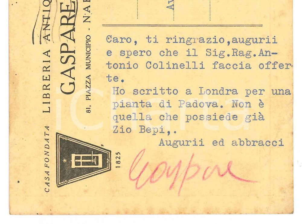 Autografo originale 1957 NAPOLI Cartolina Gaspare CASELLA libraio antiquario  Autografo 1