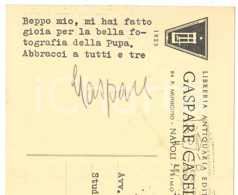 Autografo originale 1961 NAPOLI Cartolina Gaspare CASELLA  Libreria antiquaria  Autografo 1