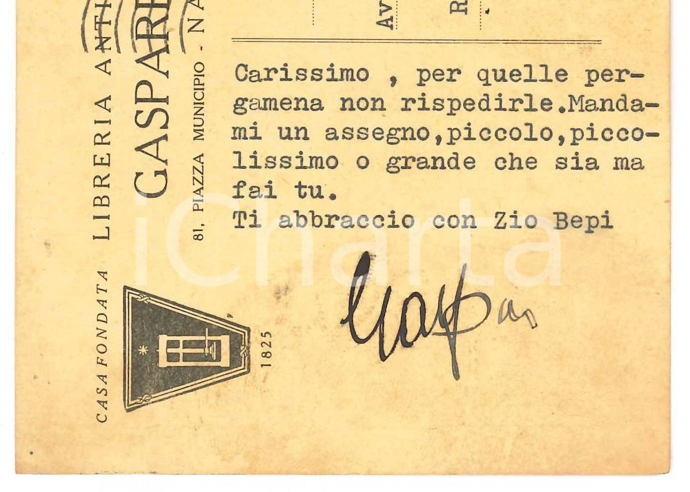 Autografo originale 1956 NAPOLI Cartolina Gaspare CASELLA libraio antiquario  Autografo 1