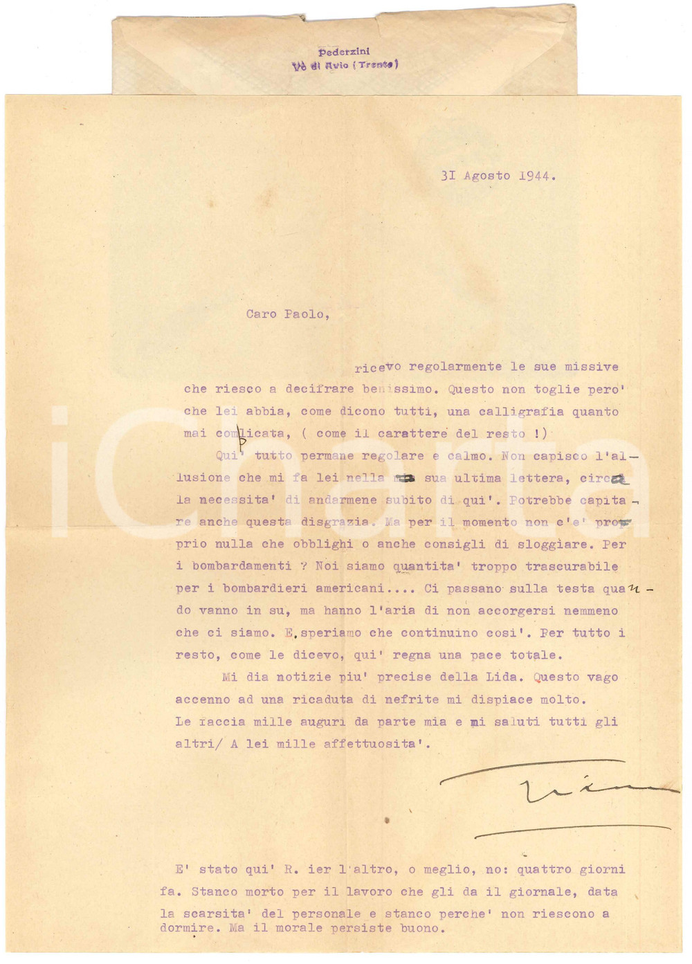 Autografo originale Agosto 1944 VAL DI AVIO Gianna PEDERZINI non teme bombardamenti  Autografo 1