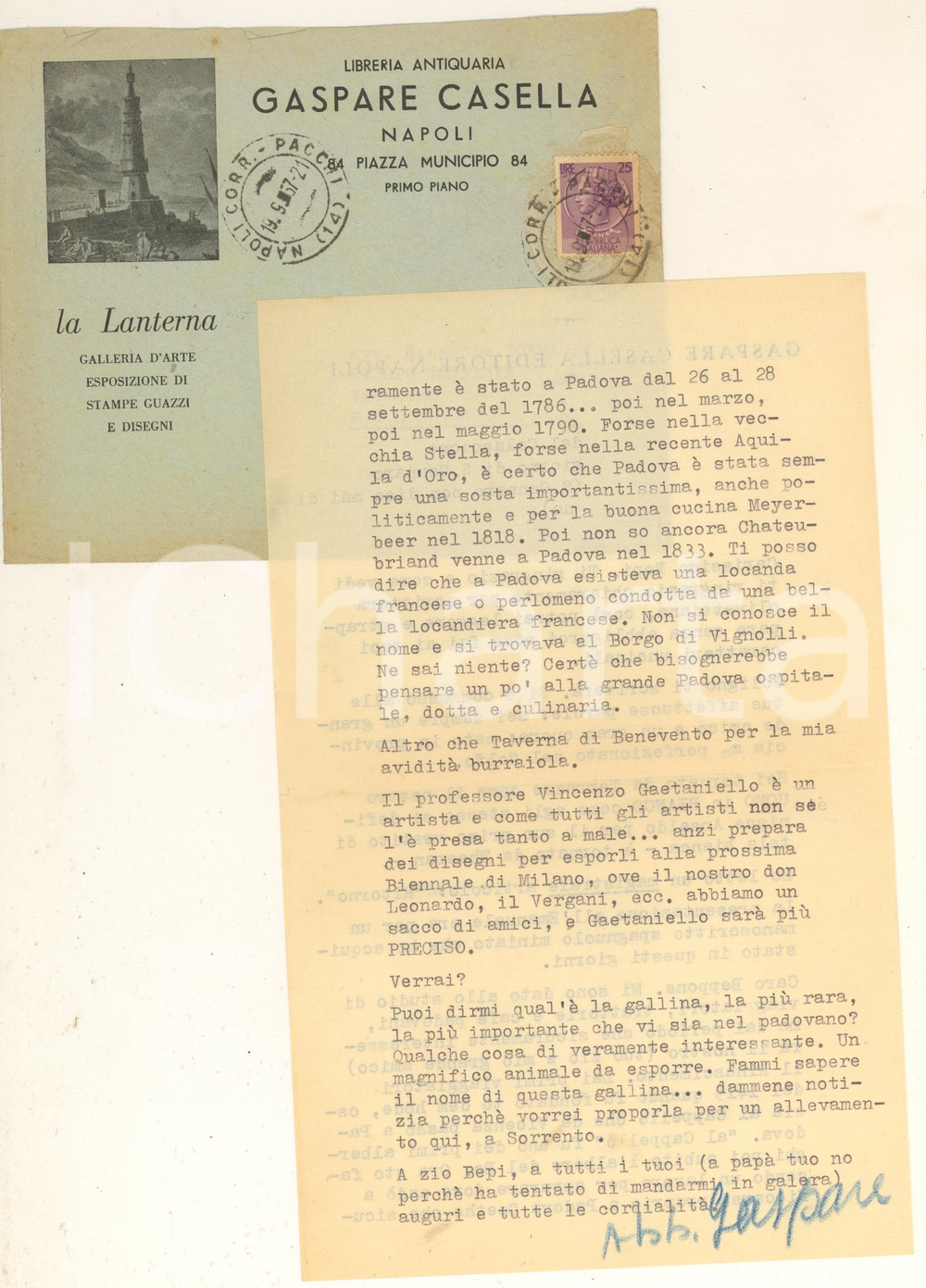 Autografo originale 1957 NAPOLI Lettera Gaspare CASELLA  Studio su trattorie di Padova  Autografo 1