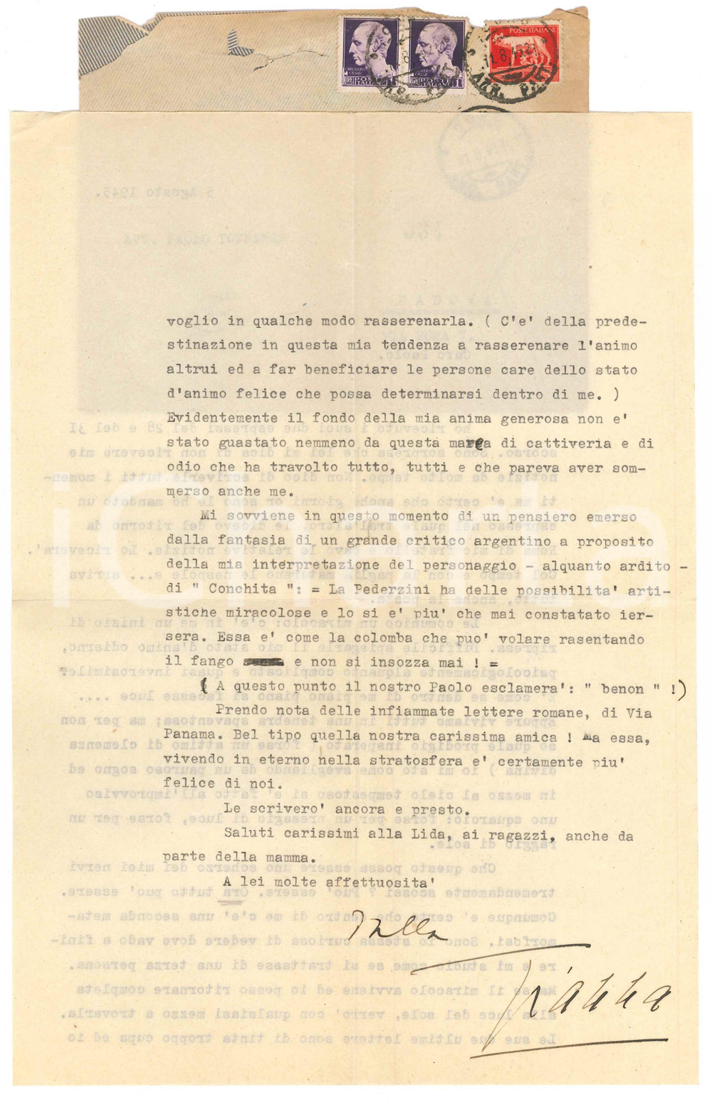 Autografo originale 1945 COMO Gianna PEDERZINI Mi sto svegliando da un pauroso sogno AUTOGRAFO 1