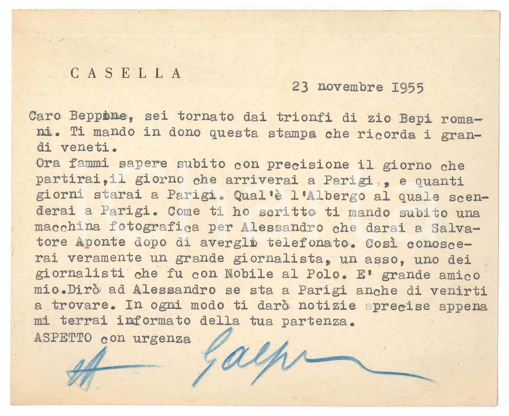 Autografo originale 1955 NAPOLI Libraio antiquario Gaspare CASELLA  Biglietto autografo 1