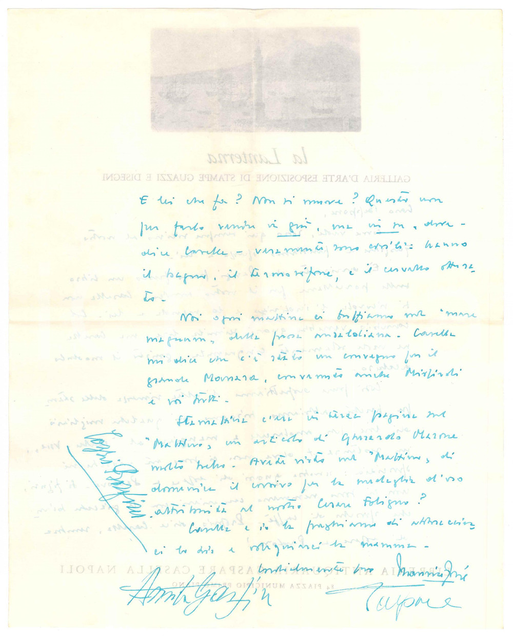 Autografo originale 1955 ca NAPOLI Galleria LA LANTERNA  Lettera Manrico FIORE Autografo 1