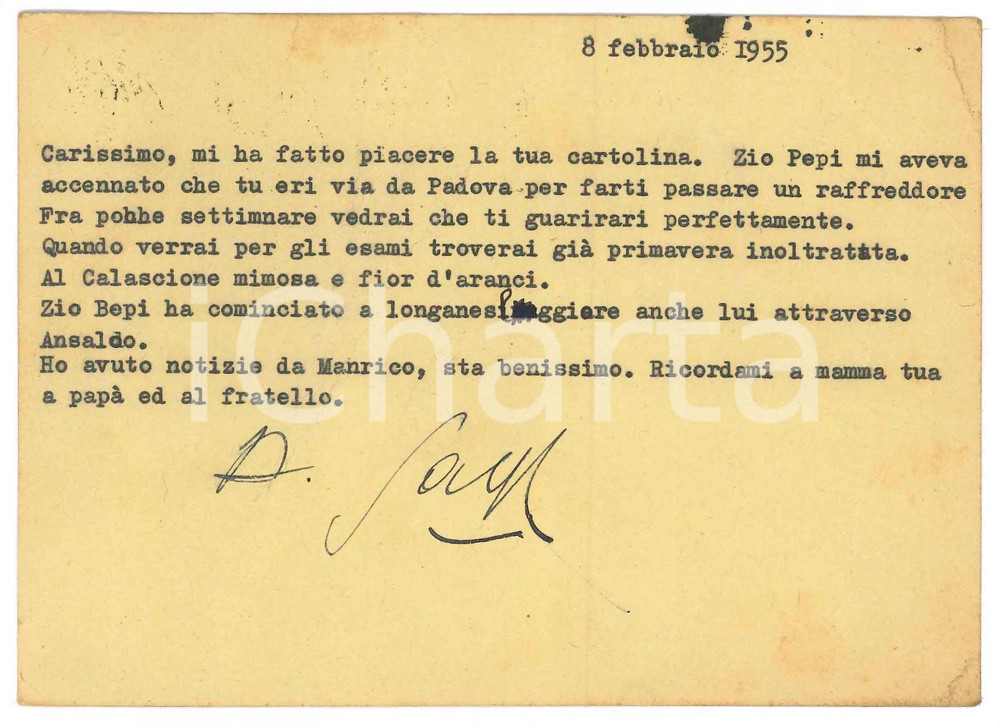 Autografo originale 1955 NAPOLI Cartolina libraio Gaspare CASELLA  Autografo DANNEGGIATA 1