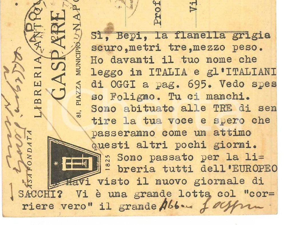 Autografo originale 1950 ca NAPOLI Cartolina libraio Gaspare CASELLA a un amico lontano  Autografo 1
