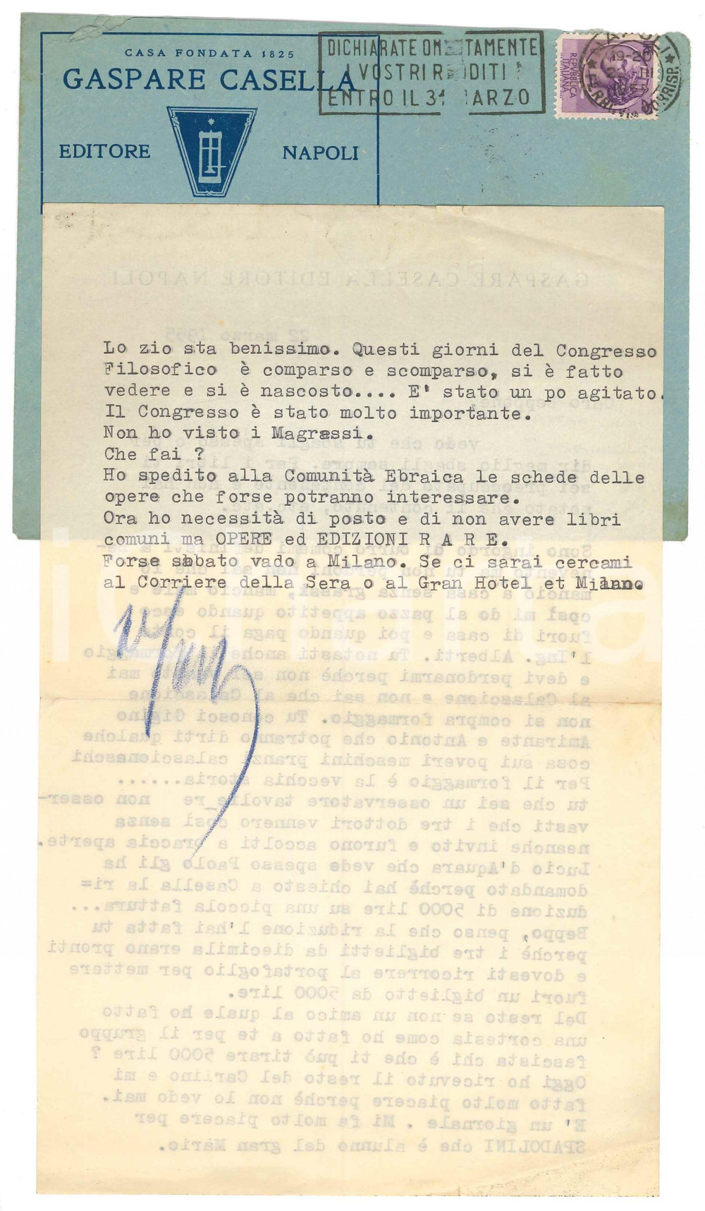 1955 NAPOLI Lettera libraio Gaspare CASELLA a un amico - Autografo