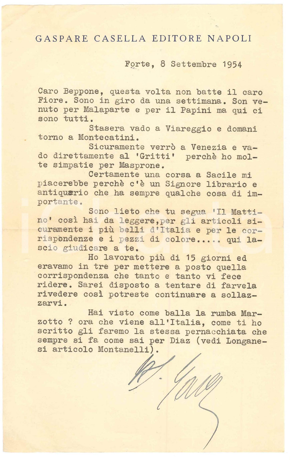 Autografo originale 1954 FORTE DEI MARMI Lettera Gaspare CASELLA  a un amico Autografo 1