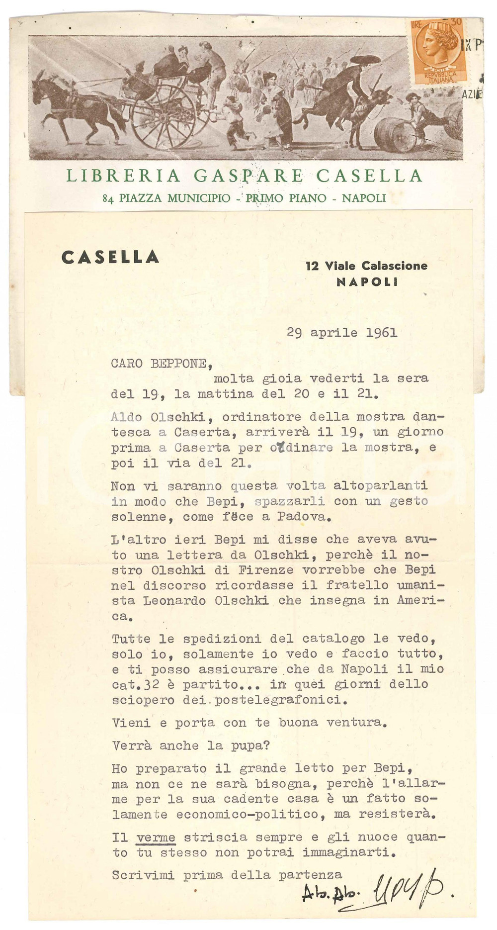 1961 NAPOLI Libraio Gaspare CASELLA in attesa di Aldo OLSCHKI *Autografo Lettera dattiloscritta, con firma autografa del celebre editore e libraio Gaspare Casella.Su carta intestata "Casella"; busta intestata illustrata "Libreria Gaspare Casella - Napoli", viaggiata. PAGINE: 1  FAIR/discreto piegatura centrale d'epoca  originale e autentica 1