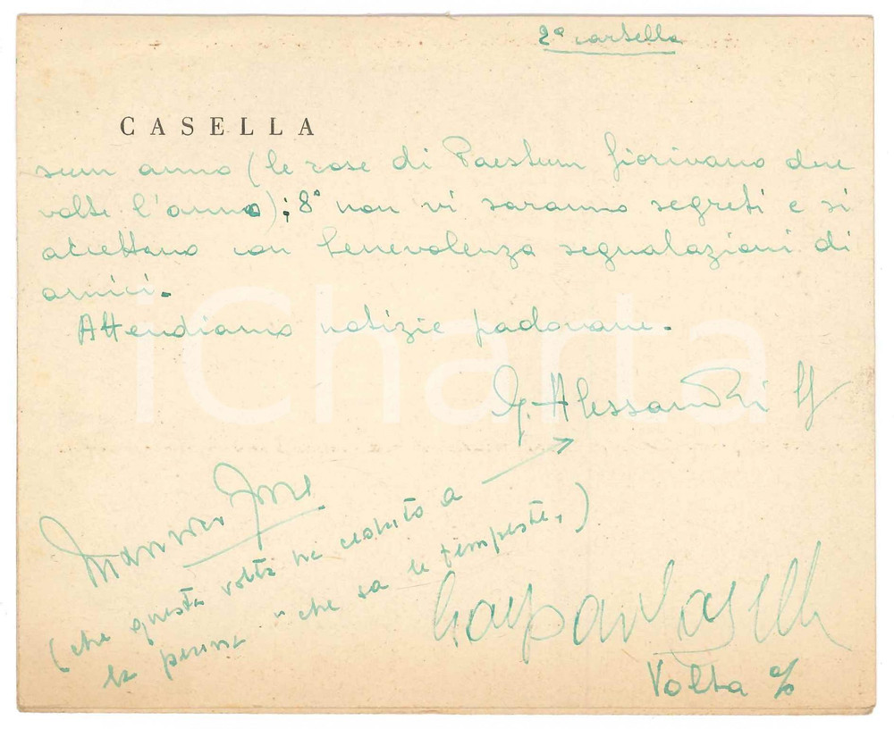 Autografo originale 1952 NAPOLI Giovanni ALESSANDRI Gaspare CASELLA sul Premio Calascione AUTOGRAFI 1