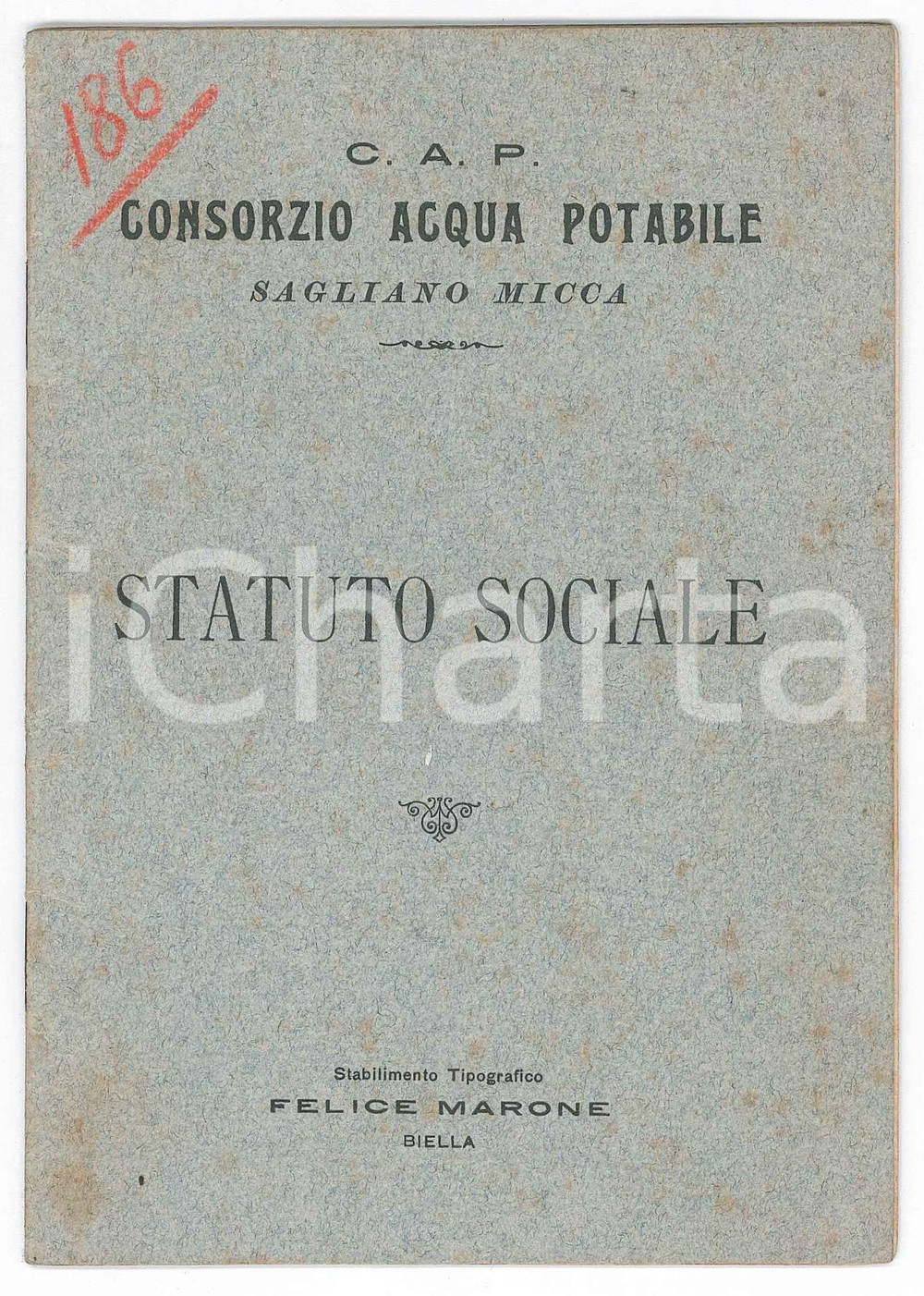Libro, pubblicazione d epoca 1925 SAGLIANO MICCA C.A.P. Consorzio Acqua Potabile  Statuto Sociale e libretto 1