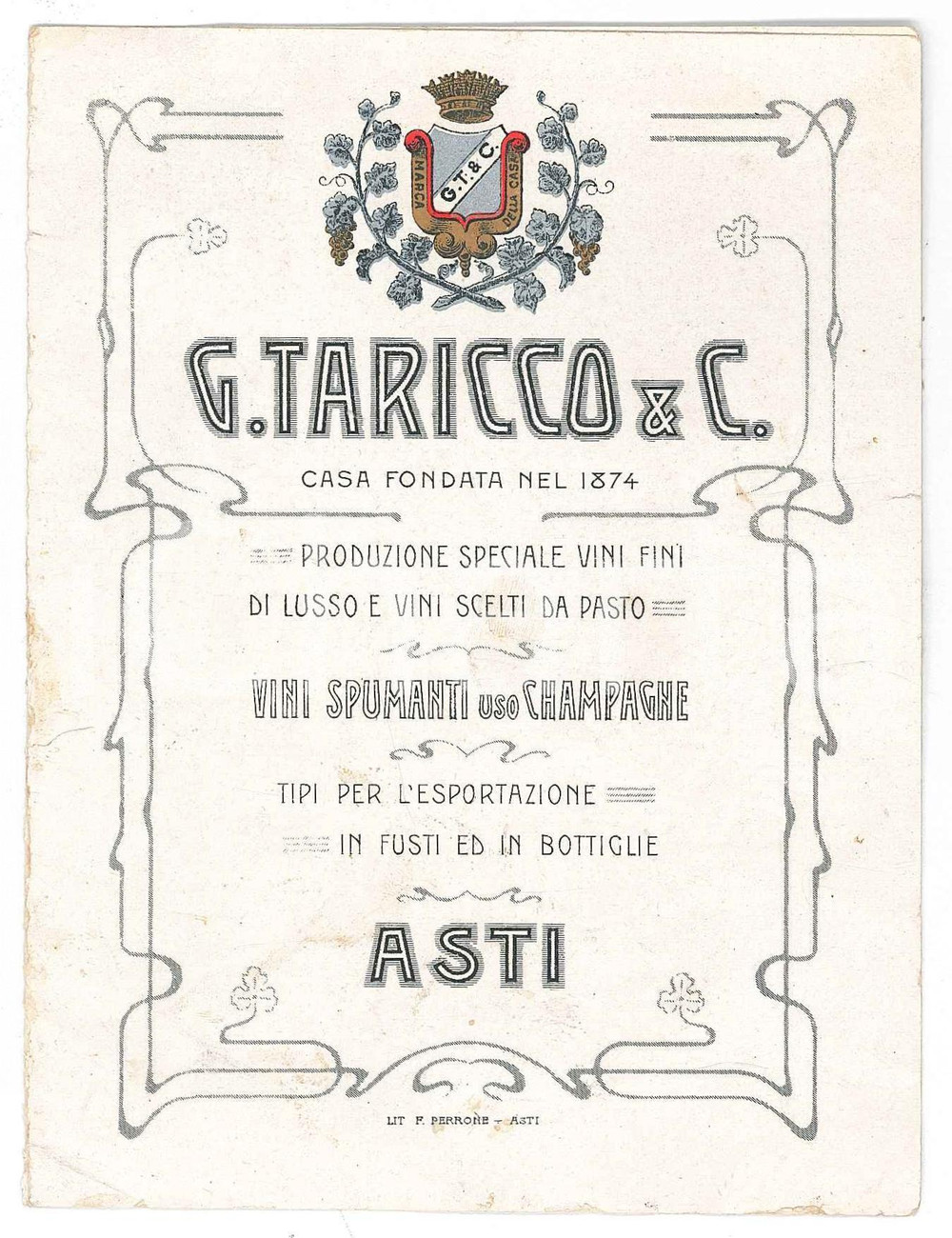 Materiale pubblicitario d’epoca 1910 ca ASTI  G. TARICCO Vini  Spumanti  Pieghevole listino DANNEGGIATO 1
