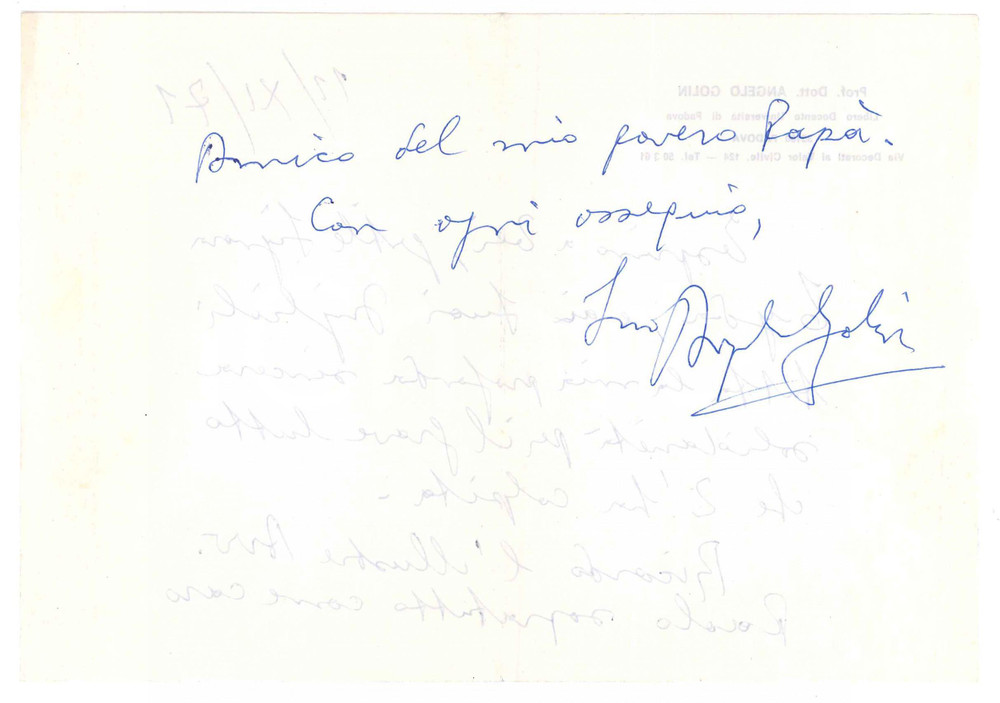 Autografo originale 1971 UniversitÃ  di PADOVA  Prof. Angelo GOLIN  Lettera condoglianze AUTOGRAFO 1