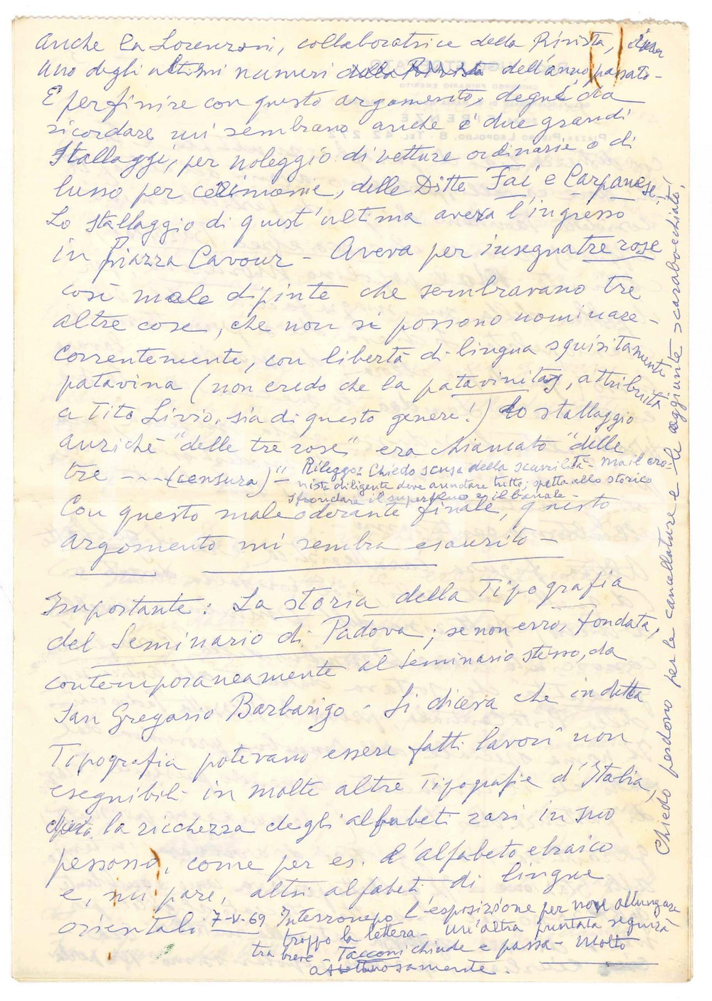 1969 FIRENZE Lettera Ugo STOPPATO - Cavalli e cavalieri a Padova - AUTOGRAFO
