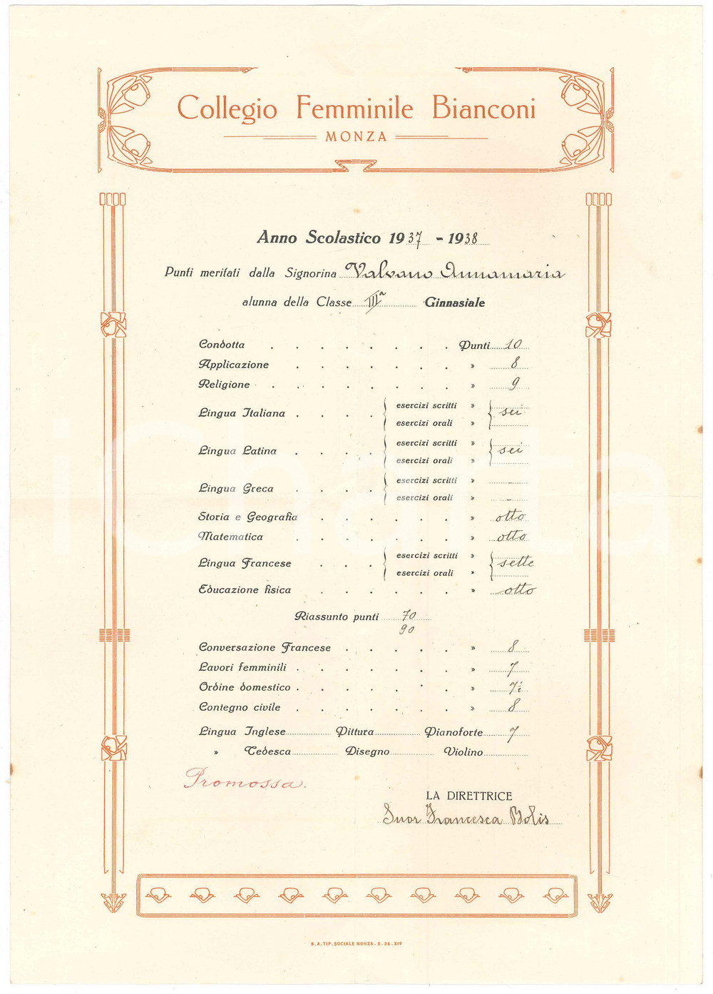 Oggetto da collezione cartaceo 1938 MONZA Collegio Femminile BIANCONI  Pagella Annamaria VALVANO 1