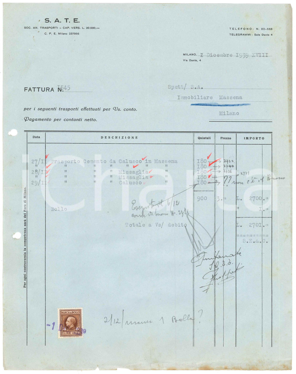 Documento originale, autentico 1939 MILANO via Dante 4  S.A.T.E. Trasporti  Fattura trasporto cemento 1