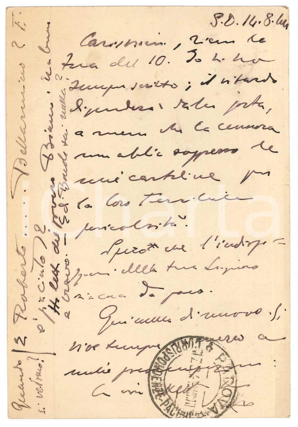 Autografo originale 1944 SAN DANIELE DEL FRIULI Vincenzo MANZINI e i ritardi della posta AUTOGRAFO 1