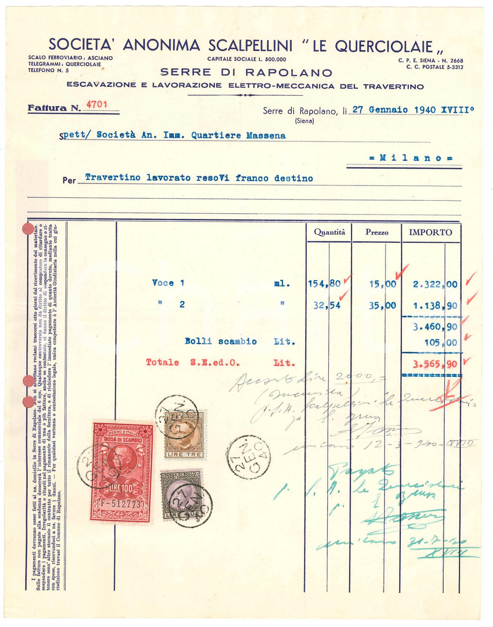 Documento originale, autentico 1940 SERRE DI RAPOLANO Scalpellini LE QUERCIOLAIE Fattura per travertino 1 1
