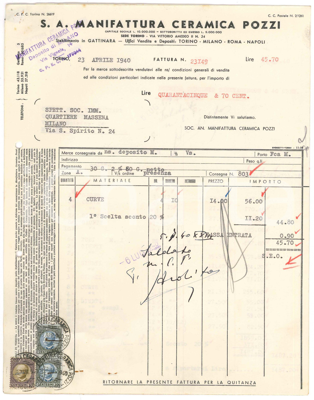 1940 TORINO Via Vittorio Amedeo II - S. A. Manifattura Ceramica POZZI ^Fattura