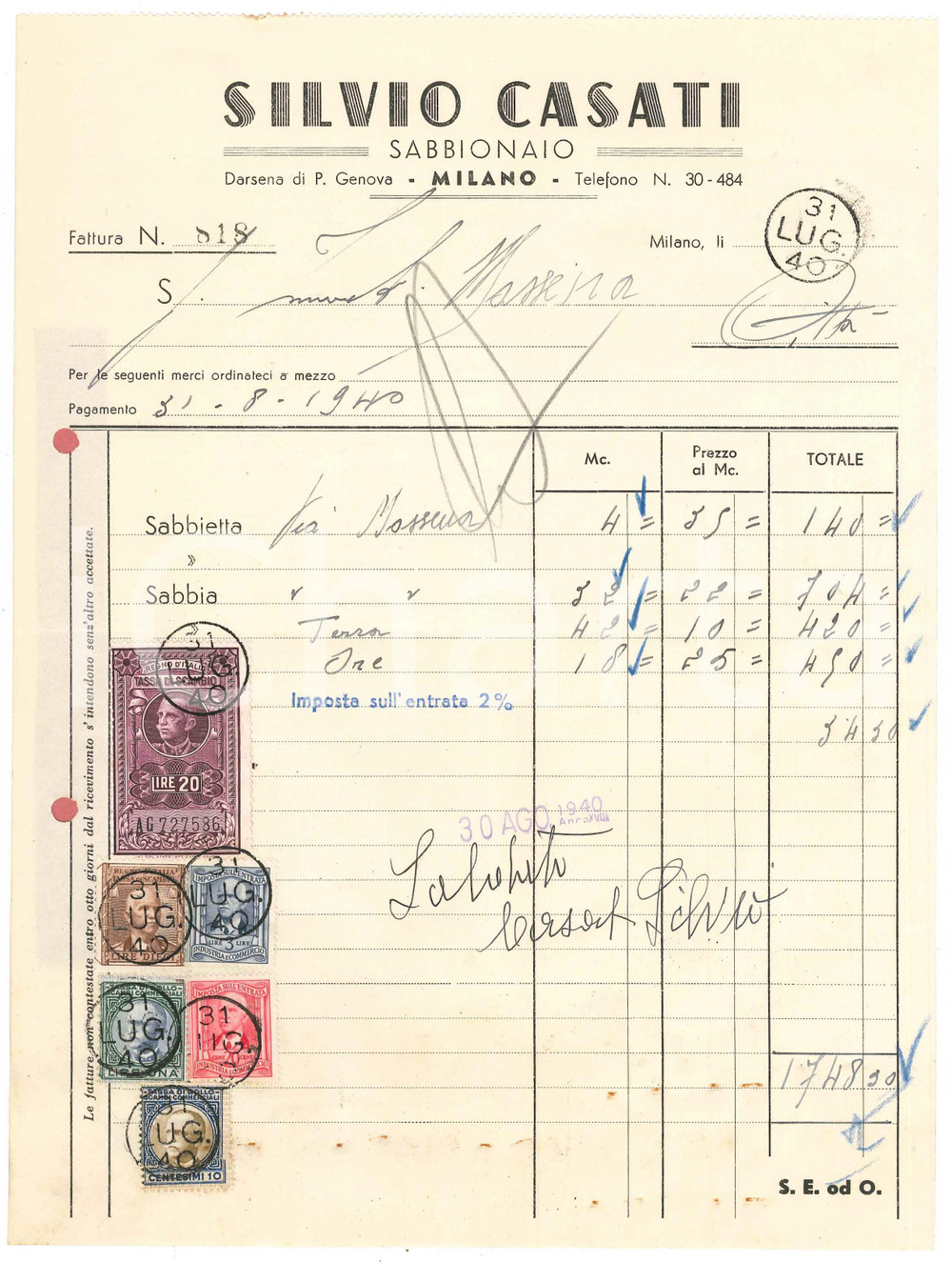 Documento originale, autentico 1940 MILANO Darsena PORTA GENOVA  Silvio CASATI sabbionaio Fattura 1