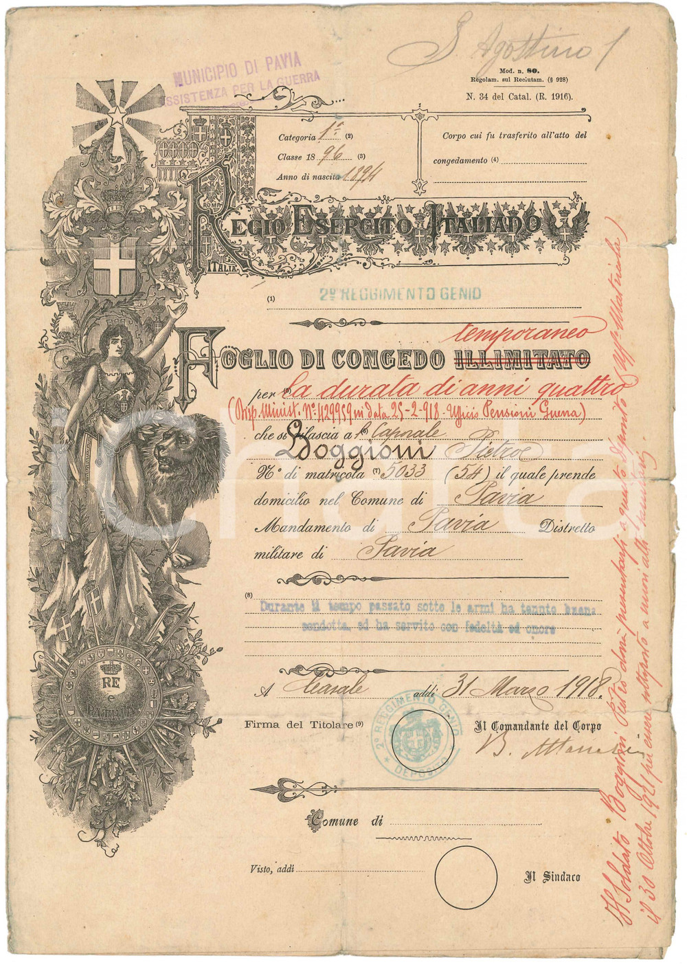 Documento originale, autentico 1918 REGIO ESERCITO  PAVIA Congedo temporaneo Caporale Pietro BOGGIONI 1