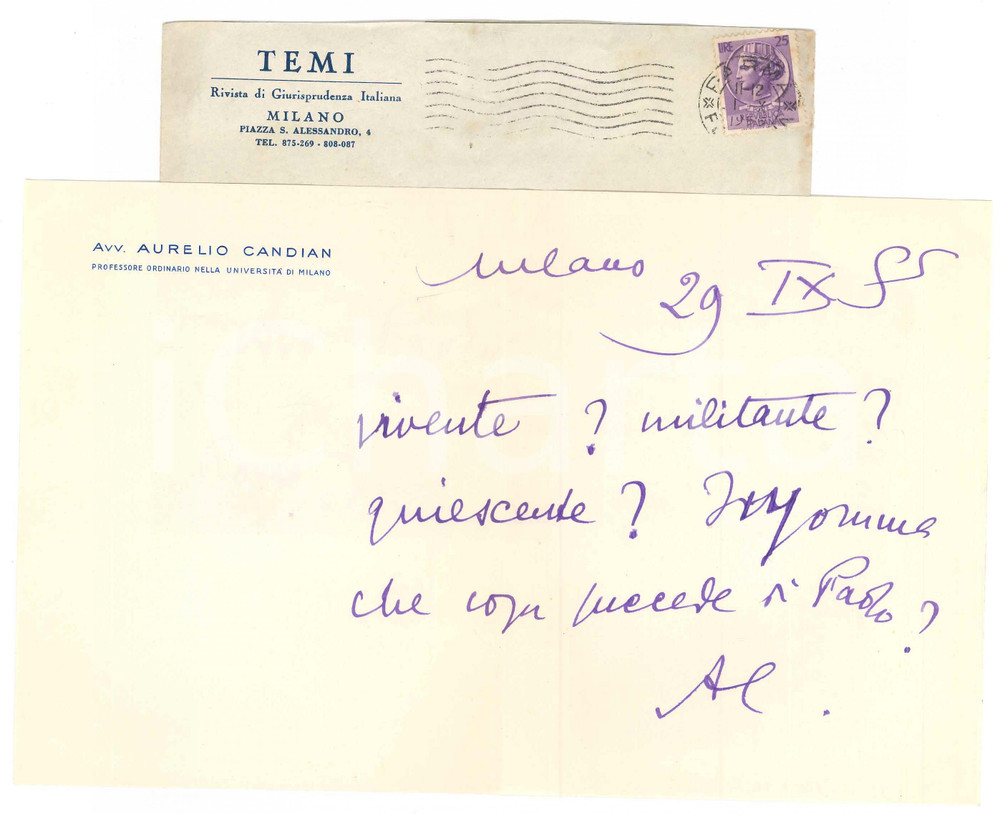 Autografo originale 1955 MILANO Lettera Aurelio CANDIAN a un amico  Vivente? Autografo 1