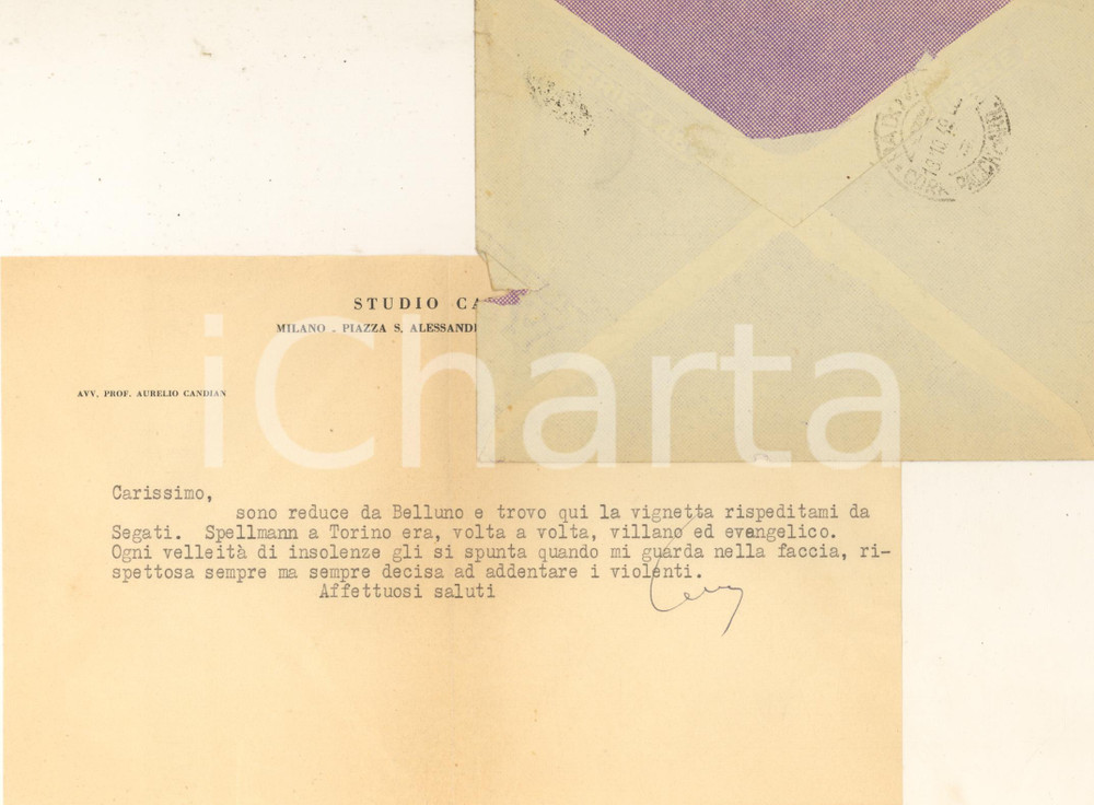 Autografo originale 1949 MILANO Aurelio CANDIAN  Spellmann era villano ed evangelico  Autografo 1