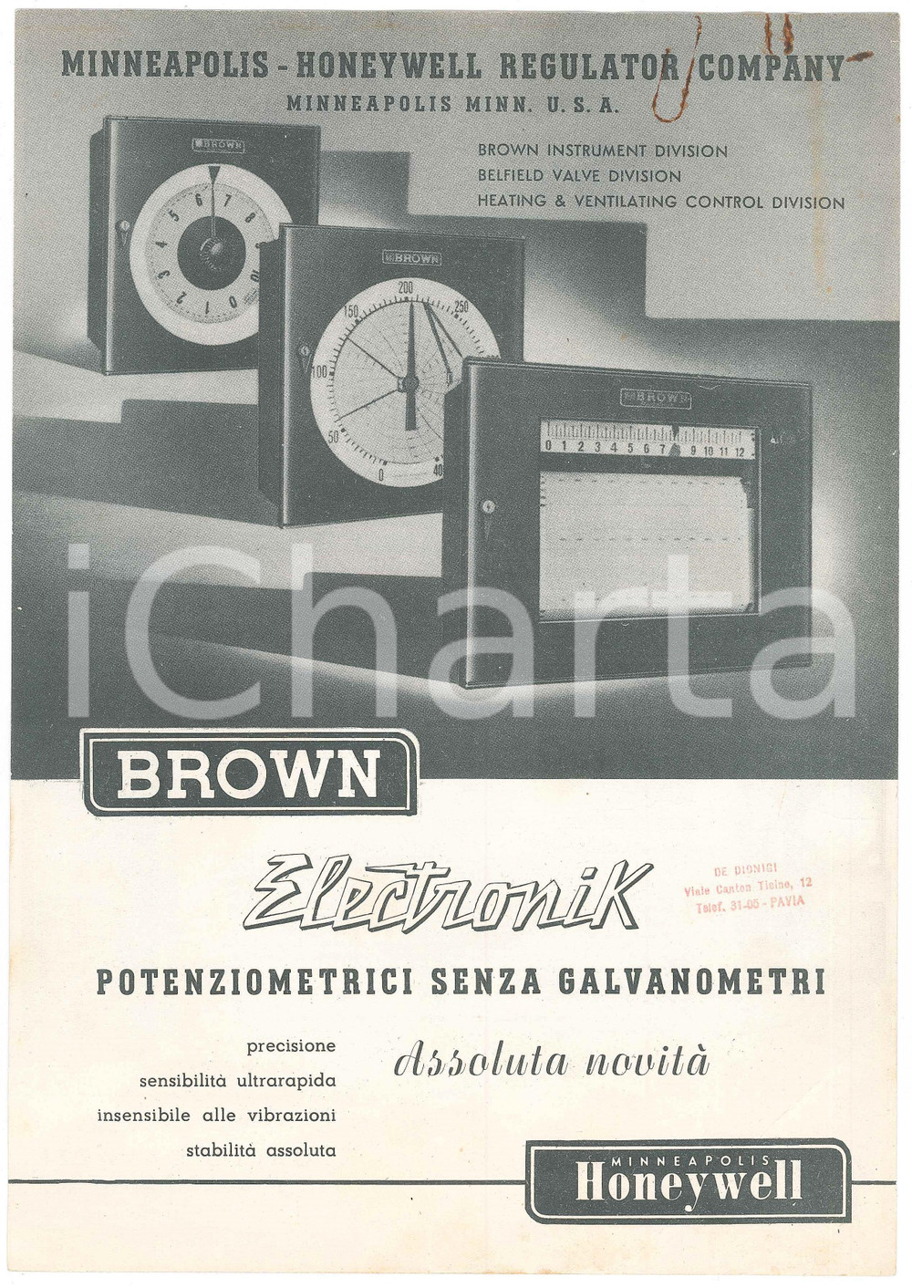 Materiale pubblicitario d’epoca 1930 ca MILANO Ditta Carlo GAVAZZI Honeywell BROWN ELEKTRONIK PubblicitÃ 1
