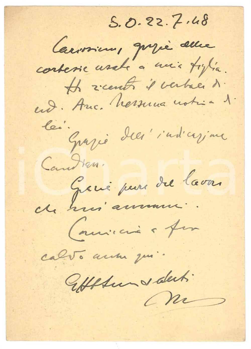 Autografo originale 1948 SAN DANIELE DEL FRIULI Cartolina ringraziamento Vincenzo MANZINI Autografo 1